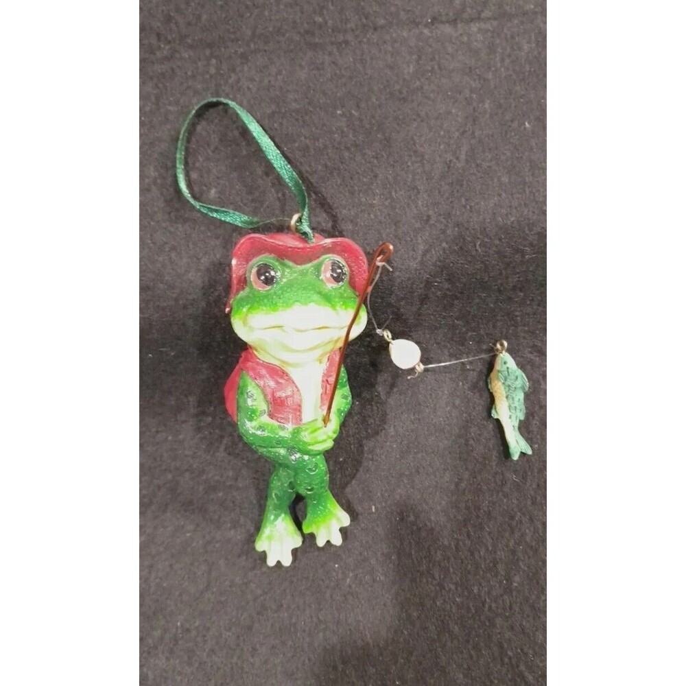 Christmas Ornament, Santa Frog With Rid And Rainbow Trout FishingCeramic 4 Inch